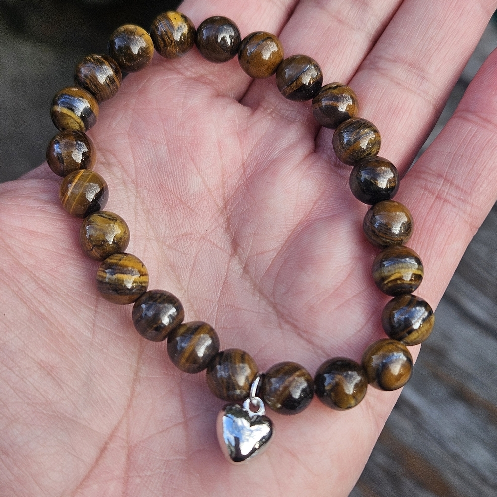Tigers Eye Beaded Bracelet With Silver Heart Charm